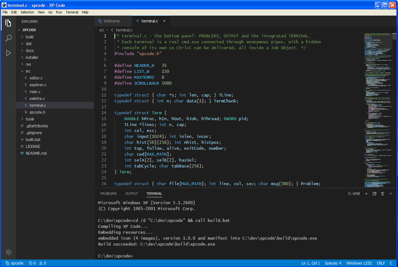 XPico Code editing its own source while rebuilding itself in the integrated terminal